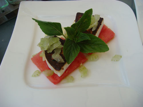 Watermelon topped with grilled feta